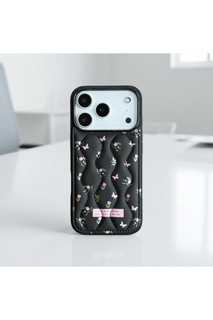 Premium Inflatable Puffer Case with Tulip and Butterfly Pattern, Compatible with iPhone 17 Pro Max
