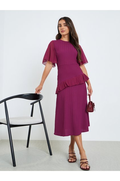 Women Magenta Ruffled Sleeves A-Line Midi Dress