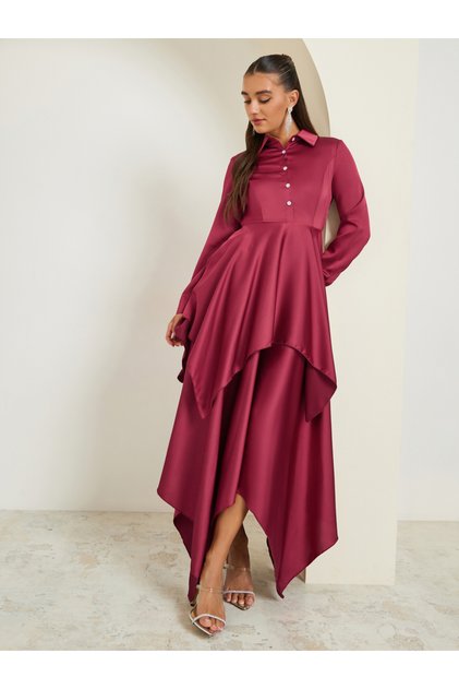 Women Satin Asymmetric Hem Layered Maxi Dress