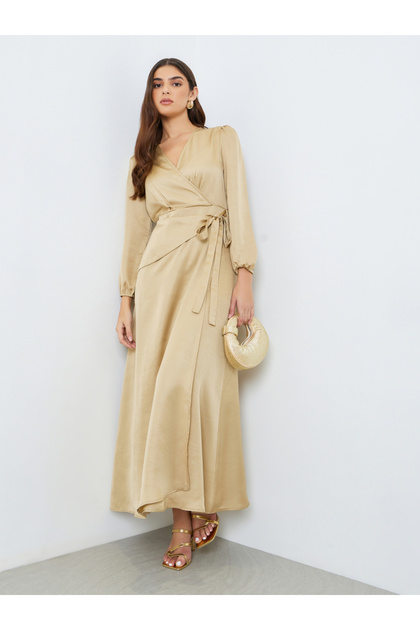 Women Beige Wrap Maxi Dress