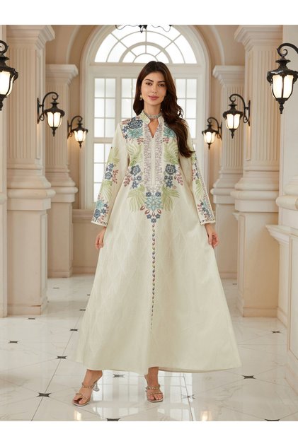 Women Textured Floral Printed Collared Jalabiya