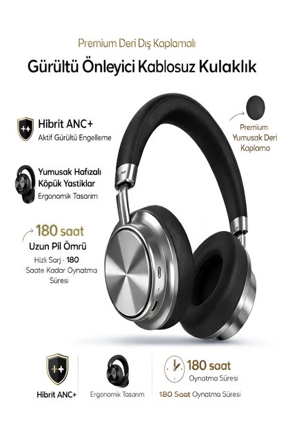 500mAh Premium Deri Kablosuz Hybrid ANC Bluetooth Kulak Üstü Kulaklık Gürültü Önleyici Stereo Ses