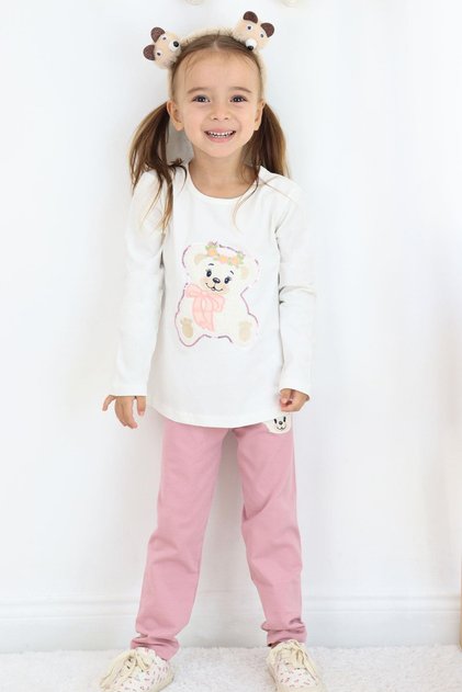 Girl's Tights Set with Cute Teddy Bear Embroidery and Sequins, 1.5-5 Years Old, Ecru