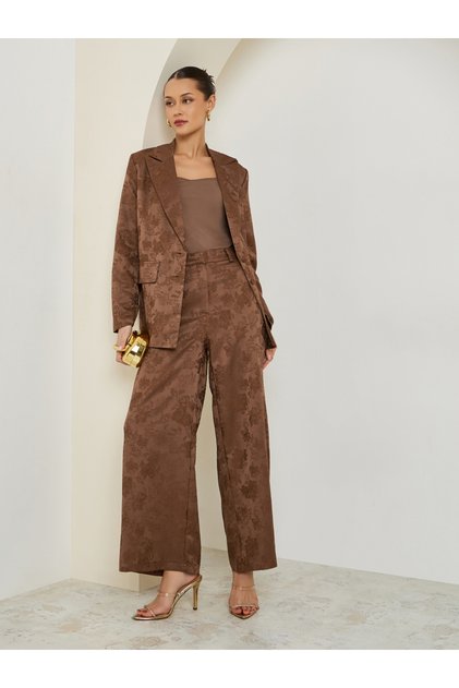 Brown Jacquard Wide Leg Pants