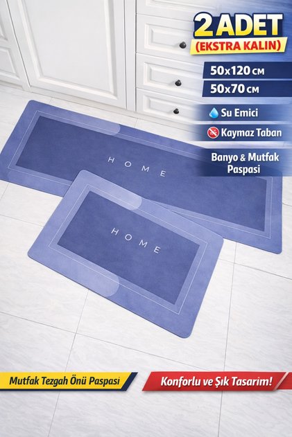 2 Pieces Blue Color Water Absorbent Non-Slip Base Bathroom & Kitchen Mat Set Kitchen Mat 50X120 cm 50X70Cm