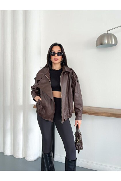 Women's Leather Bomber Jacket Asymmetrical Closure Oversize Vintage Jacket