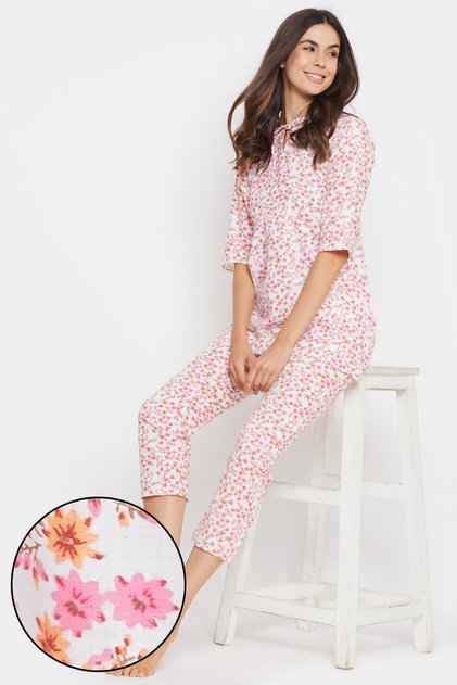 Pretty Florals Top & Cropped Pyjama in White - 100% Cotton