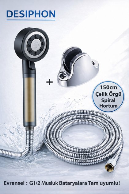 Yüksek Basınçlı Duş Seti 150 cm Çelik Hortumlu Masajlı Filtreli Evrensel Banyo Seti