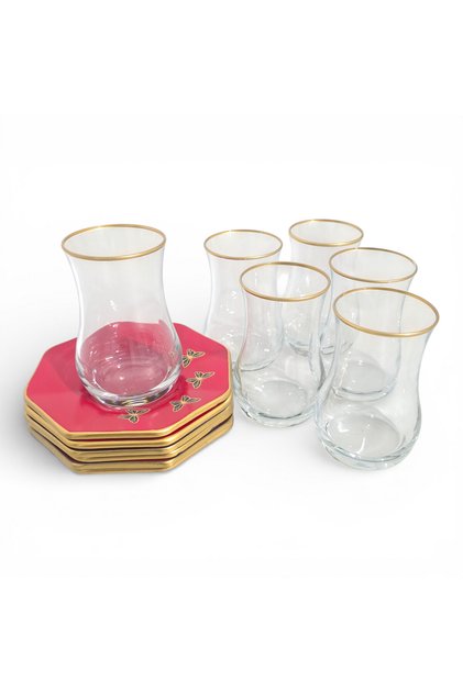 6-Person Tea Cup and Red Hexagonal Tea Plate Set