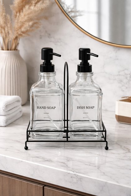 2 X 500 ml Glass Liquid Soap Dispenser Detergent Dispenser Set with Metal Stand Metal Holder Stylish Design