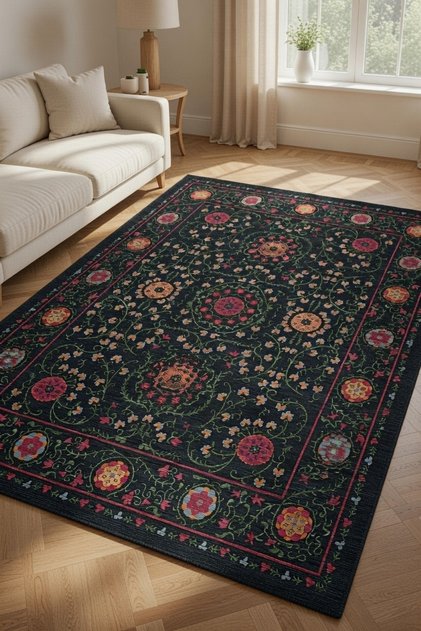 Classic Black Carpet with Non-Slip Base - Luxurious Floral Persian Pattern 2287