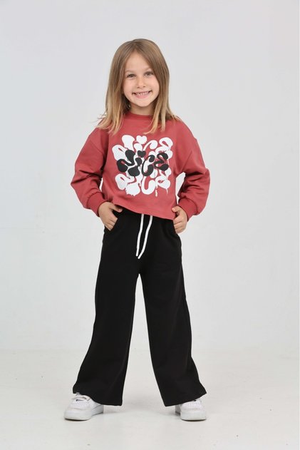 Girl's 2-Piece Set: Printed Crew Neck Sweatshirt & Elastic Waist with Pockets, Wide Leg Sweatpants