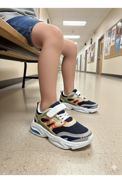 Unisex Children's Non-Slip Sole Velcro and Lace-Up Casual Sneaker Navy Blue Beige Orange