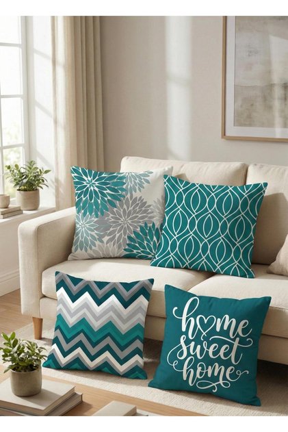 Turquoise Geometric and Floral Patterned Digital Printed Modern Decorative Set of 4 Throw Pillow Covers