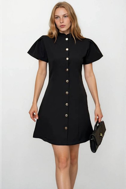 Black Judge Collar Button Detailed Mini Woven Dress Alc-X15303