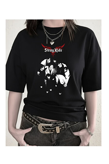 Touz Stray Kids Baskılı Fake Sleeves Unisex Siyah T-shirt - Fiyatı