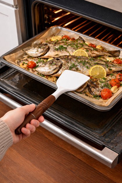 Heat-Resistant Spatula Compatible with Food Concept, with Bamboo Wood Handle