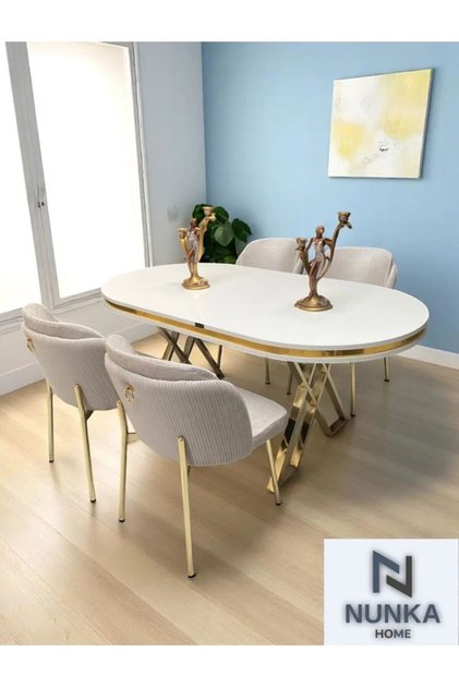 Arya Gold Line Serisi Krem +4 Sandalyeli Mdf Lak Panel Beyaz Masa Takımı