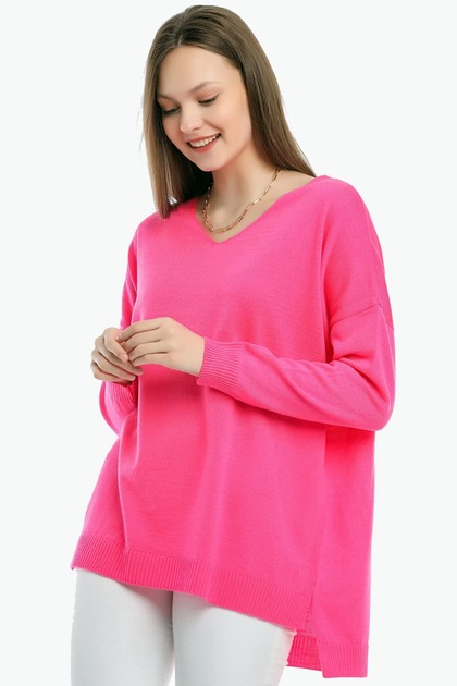 V-neck Long T Sleeve Back Long Front Short Slit Loose Cut Seasonal Basic Loose Knitwear Sweater