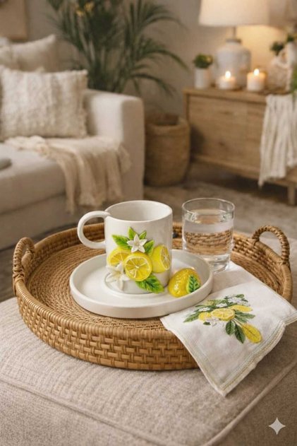 El Yapımı Limon Figürlü Kahve Fincanı ve Tabağı Porselen, Dekoratif, Premium Sunum Fincanı Hediyelik