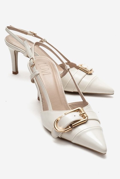 Noen Ecru Leather Buckle Pointed Toe Women's Heeled Shoes