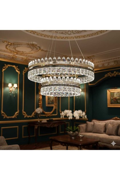 Kristal Cam Taşlı 30x50 3 Renk LED Kumandalı Modern Salon Avizesi Gece Modlu