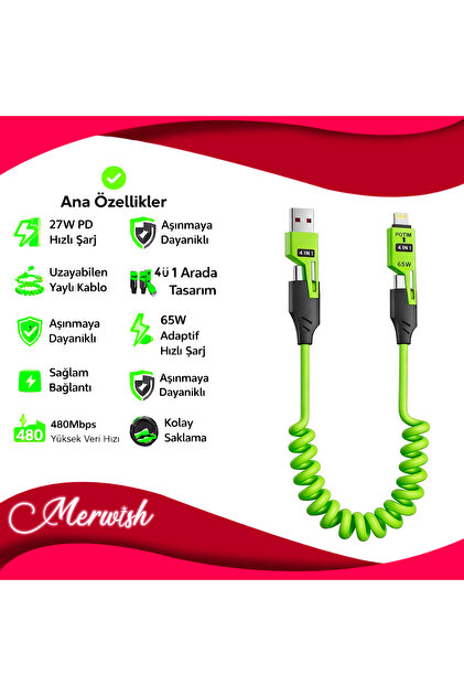 Subzero CL160 4in1 Hızlı Şarj Kablosu | 65W Type-C + 27W Lightning