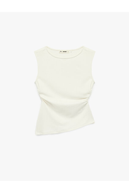 Asymmetrical Cut Draped Crew Neck Sleeveless Blouse