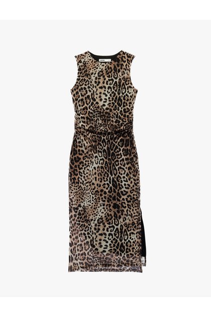 Women'S Brown Design Leopard Printed Midi Dress