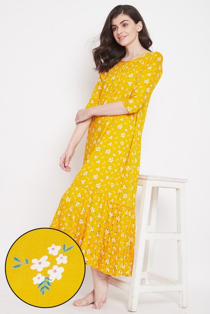 Pretty Florals Long Nighty in Yellow - Cotton Rich