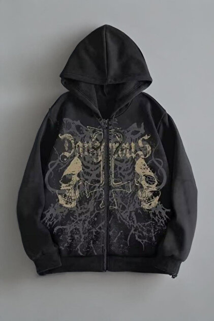 HIRO KIDILL - skull l/s cutsew 7部丈 y2k Köstebek Siyah Gotik Dangerous Double Skull Harajuku Y2K Kapüşonlu