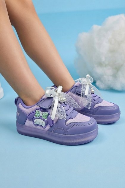 Girl's Pearl Ribbon Detailed Velcro Daily Comfortable Lightweight Lilac Sports Shoes 300