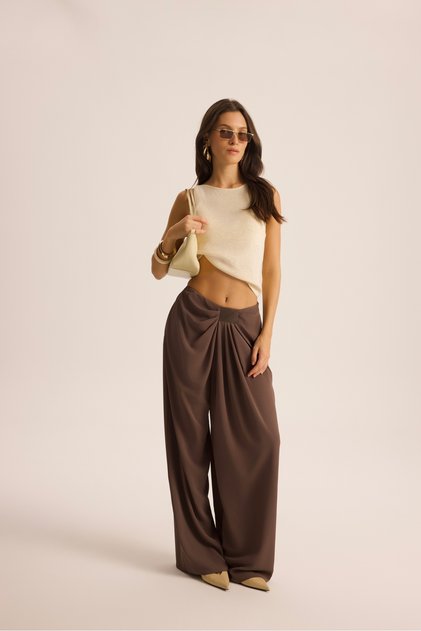 Loose Pile Detailed Coffee-Colored Draped Trousers