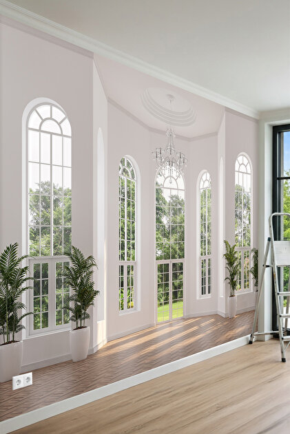 Klasik Fransız Pencere Salon Manzaralı Tek Parça Tekstil Duvar Kağıdı