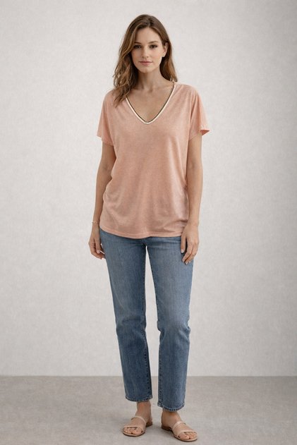 V-Neck T-Shirt with Piping Detail