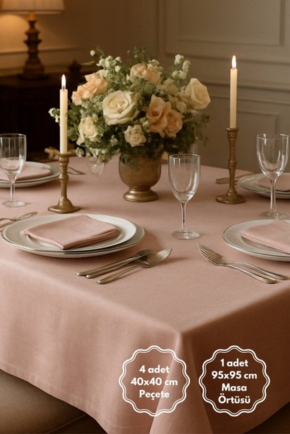 5-Piece Ottoman Silk Tableware Set (1 Tablecloth, 4 Napkins) Salmon
