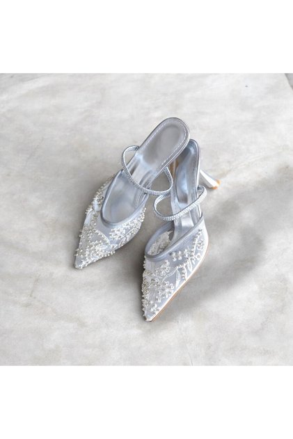 File Tulle Detailed Embroidered Heeled Evening Dress Shoes