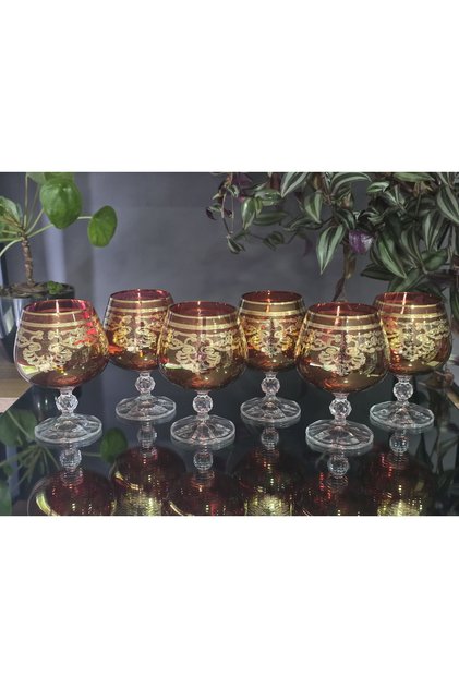 Handmade Crystal Elizabet Red 24K Gold Engraved 6 Piece Presentation Cup Coffee Side Water Glass 250Cc
