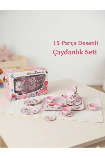 15 Parça Desenli Metal Çaydanlık Seti Tepsili Çay Fincan Seti Pembe Renk Oyuncak