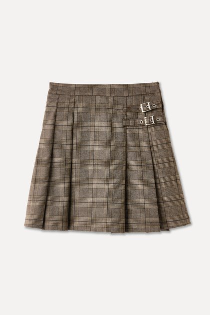 Women's Brown Plaid Mini Skirt with Belt Detail