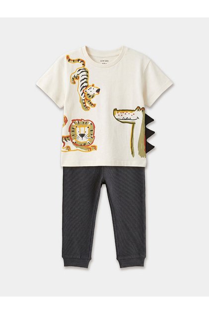 Ecru crew neck baby boy t-shirt and pants set