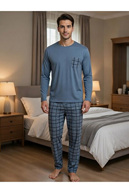 Erkek Pamuklu Mavi Ekose Cepli Uzun Kollu Erkek Pijama Takımı