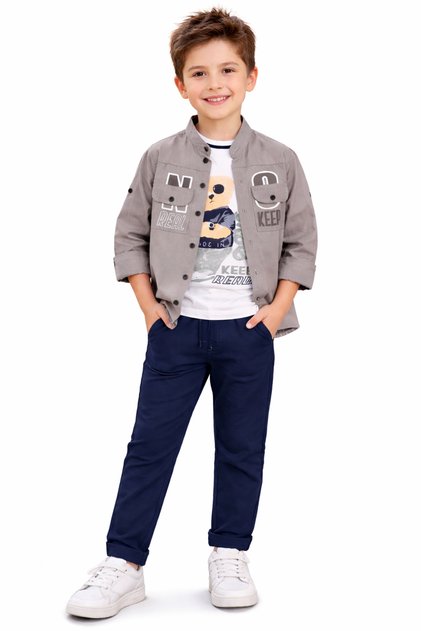 Boy's Real Keep Written Long Sleeve Shirt Linen Trousers T-Shirt Gray Color Three-Piece Stylish Set