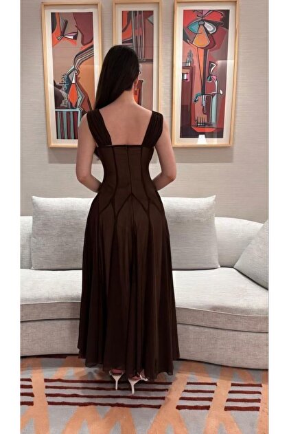 LAMSAT LATIN Dark chocolate brown chiffon midi dress,- Trendyol