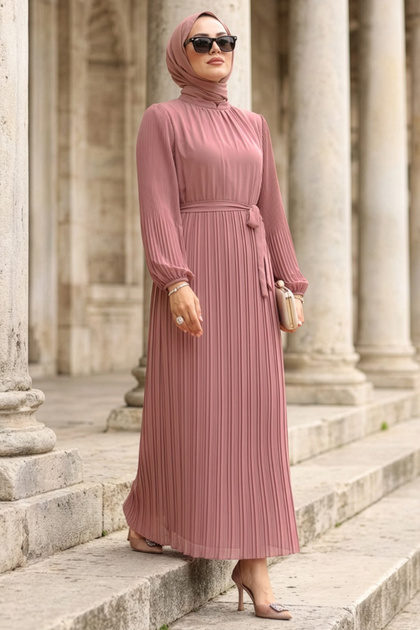 N.S NEVA STYLE Pleated Dusty Rose Hijab Dress 30301Gk- Trendyol