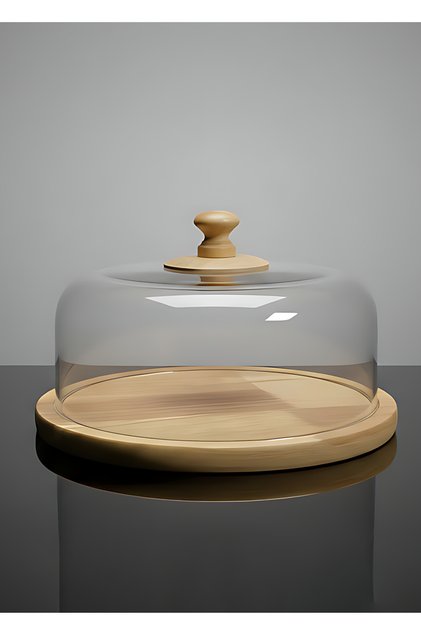 Wooden Cake Tray with Acrylic Dome 24cm, Dessert Stand Serving Platter,BB4187