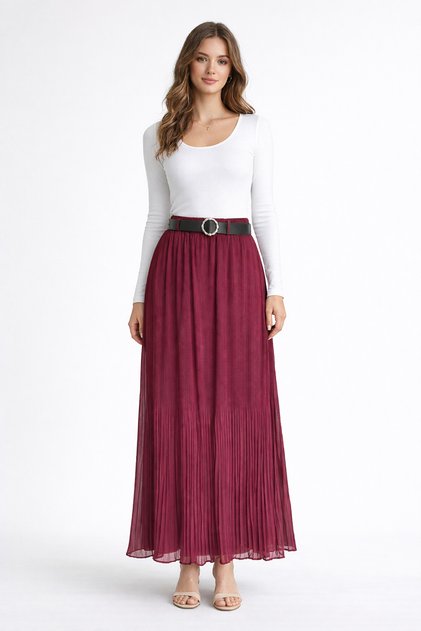 Yeni sezon cift plise sifon kemerli uzun bordo etek