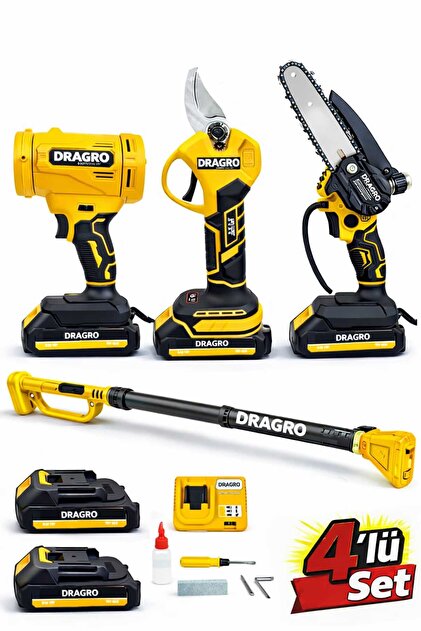 Dragro 4'Lü Set Şarjlı Makas + Otomatik Yağlı Testere + Yaprak