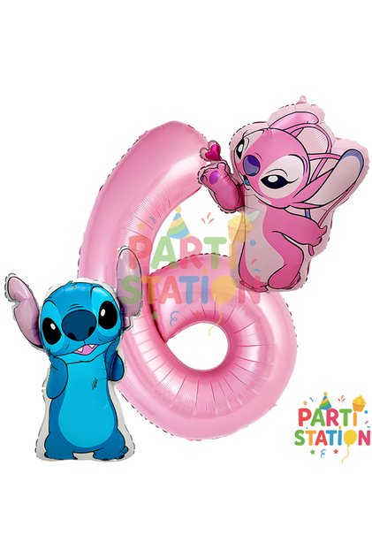 Stitch and Angel Balloon 6Th Birthday Set Pink Number 6 Foil Balloon & Party Decoration