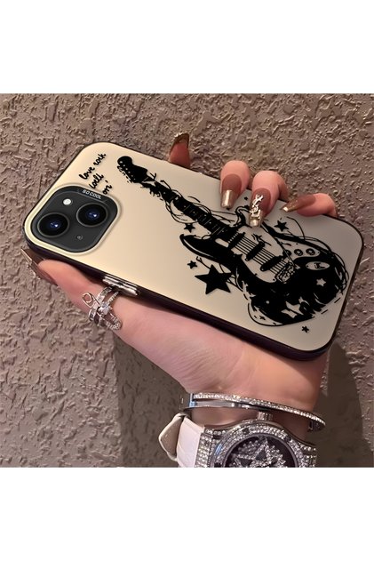 iPhone 15 Compatible Silicone Edge Hard Back Anti-Fall Phone Case with Guitar Pattern